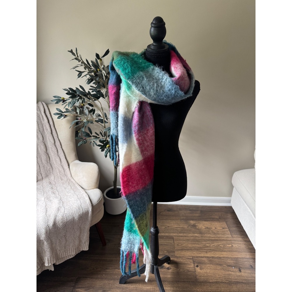 Multicolor Plaid Oversized Blanket Scarf Soft Fuzzy Tassel Fringe Winter Wrap